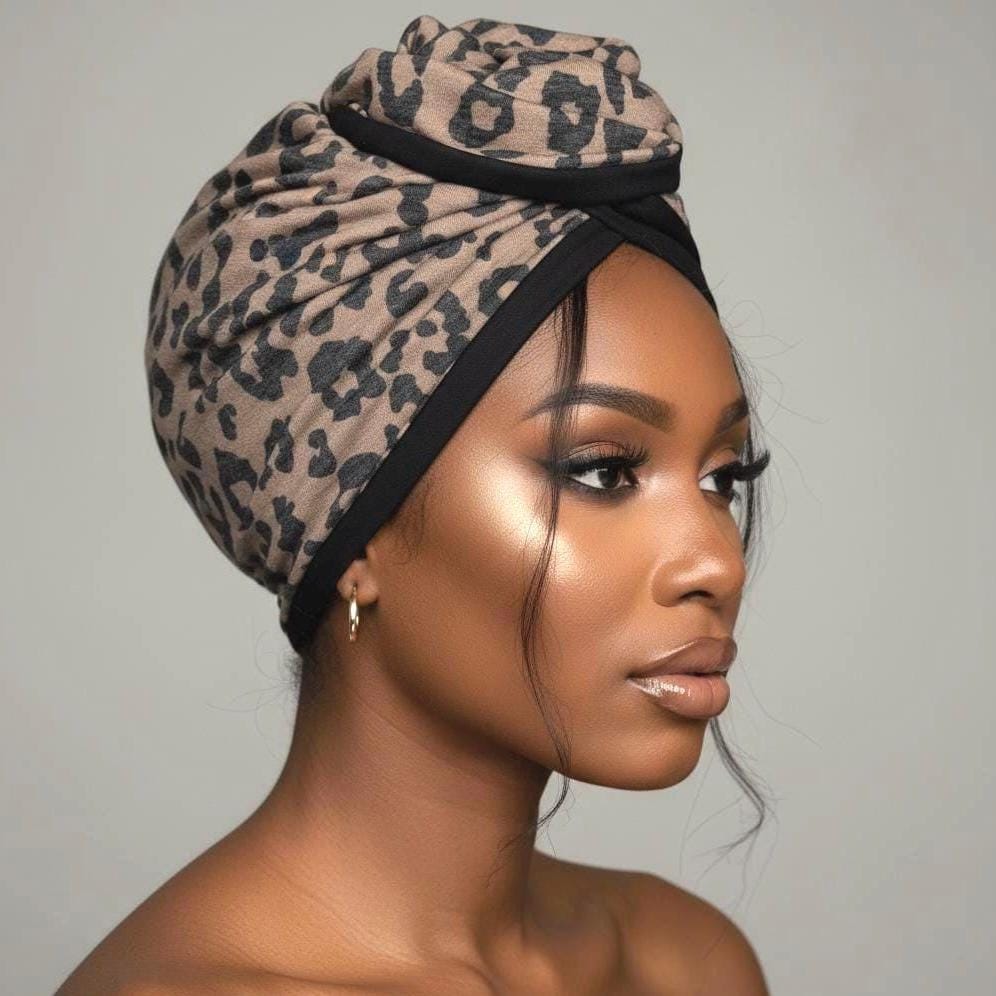 Full Turban Wire Headband, Reversible Extra Wide Brown Black Leopard Print Wired Head Wrap, Fabric Head Wrap, Afro Boho Women Accessories