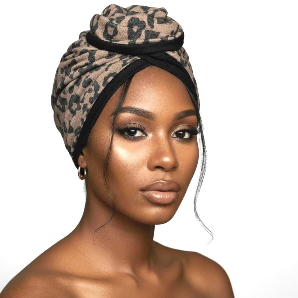 Full Turban Wire Headband, Reversible Extra Wide Brown Black Leopard Print Wired Head Wrap, Fabric Head Wrap, Afro Boho Women Accessories