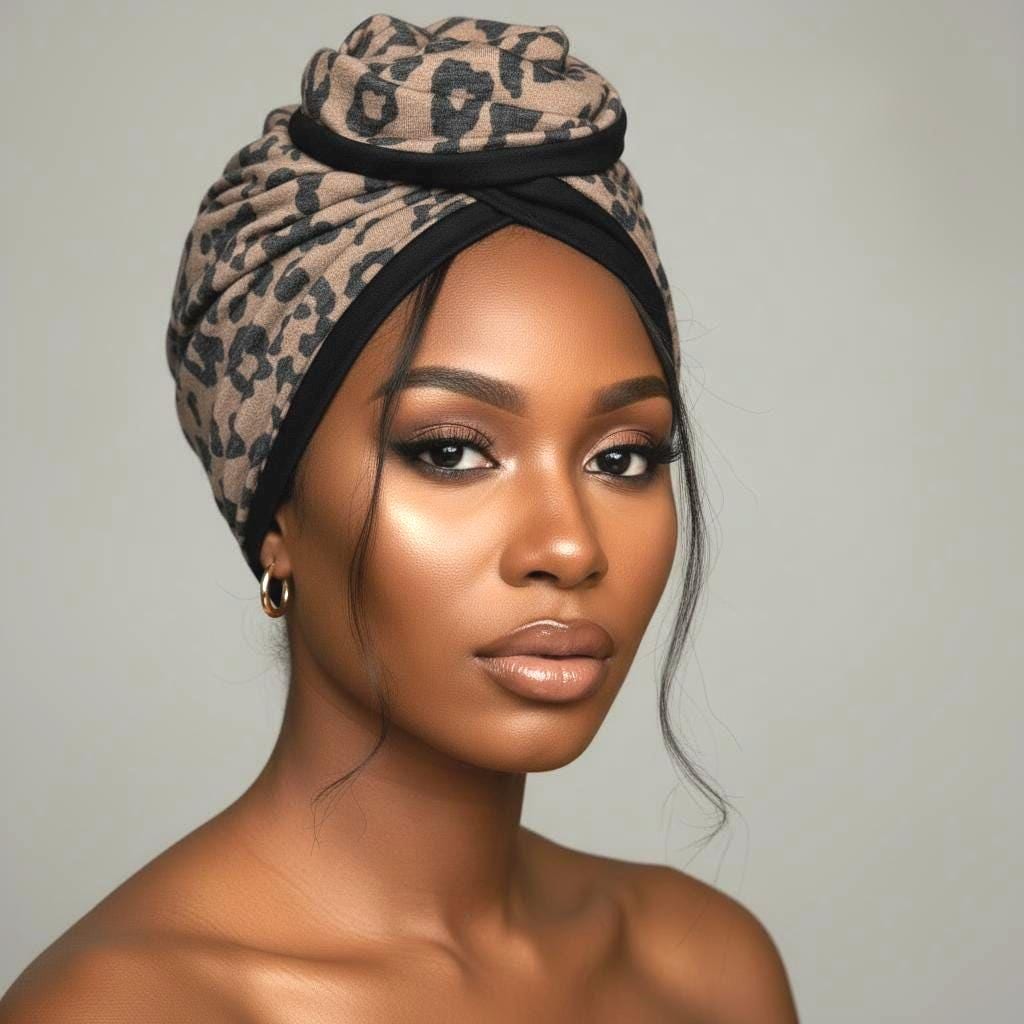 Full Turban Wire Headband, Reversible Extra Wide Brown Black Leopard Print Wired Head Wrap, Fabric Head Wrap, Afro Boho Women Accessories