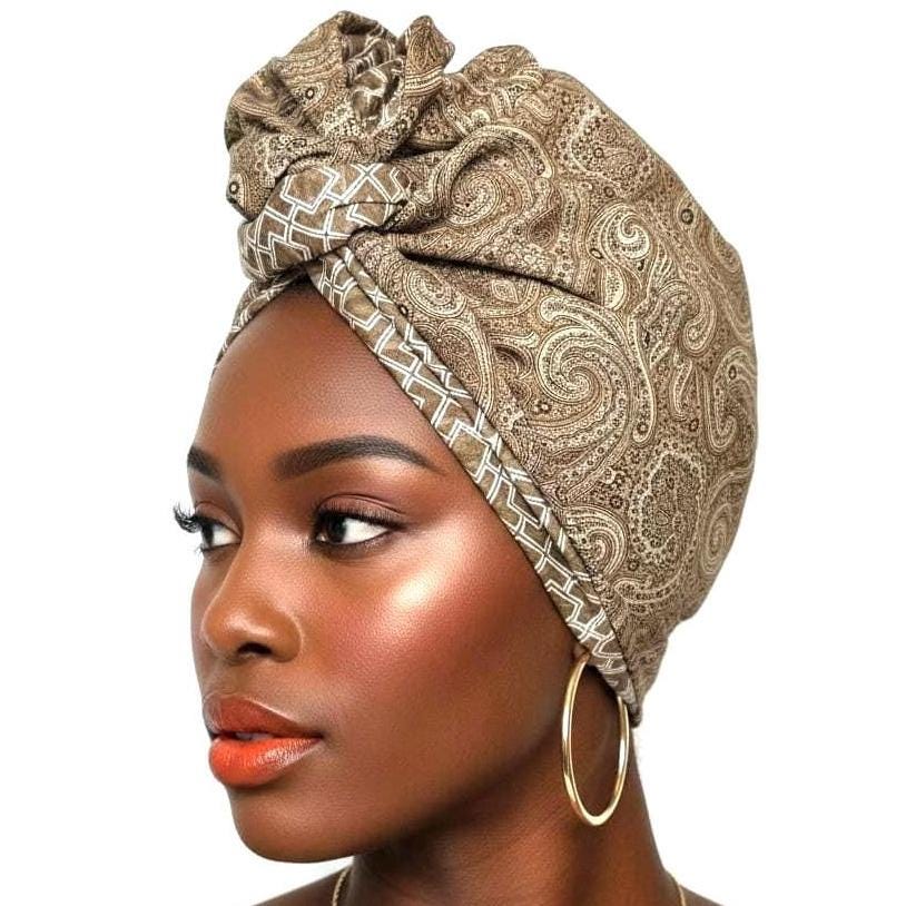 Full Turban Wire Headband, Reversible Extra Wide Tan White Paisley Geometric Print Wired Headband, Fabric Head Wrap, Boho Women Accessories