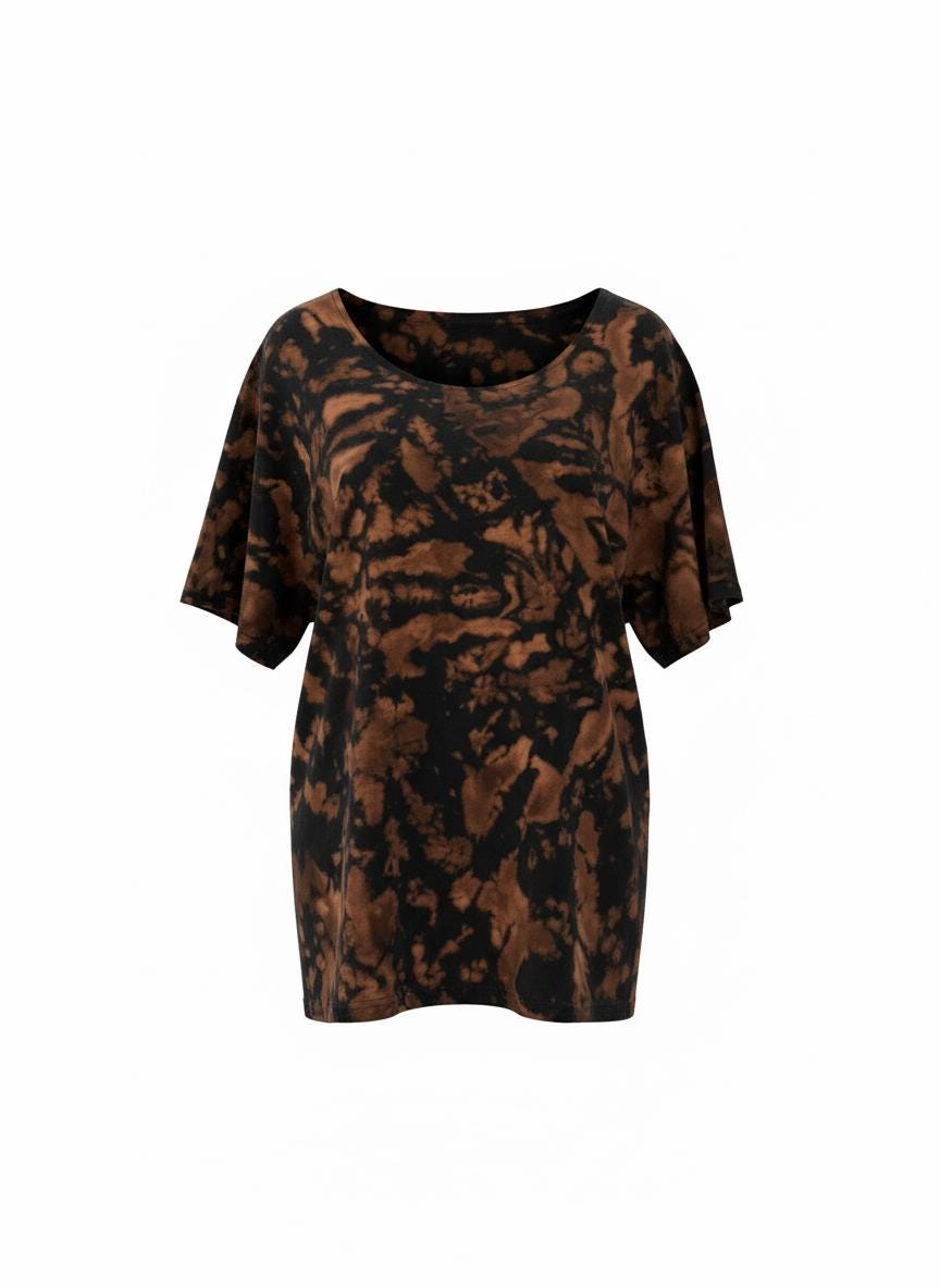 Tie Dye Off Shoulder Shirt, Oversized Slouchy Tee, Brown Black Hand Dyed Tie Dye Shirt, Boho Lounge Shirt, L XL 2XL Unisex Tee