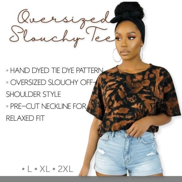 Tie Dye Off Shoulder Shirt, Oversized Slouchy Tee, Brown Black Hand Dyed Tie Dye Shirt, Boho Lounge Shirt, L XL 2XL Unisex Tee