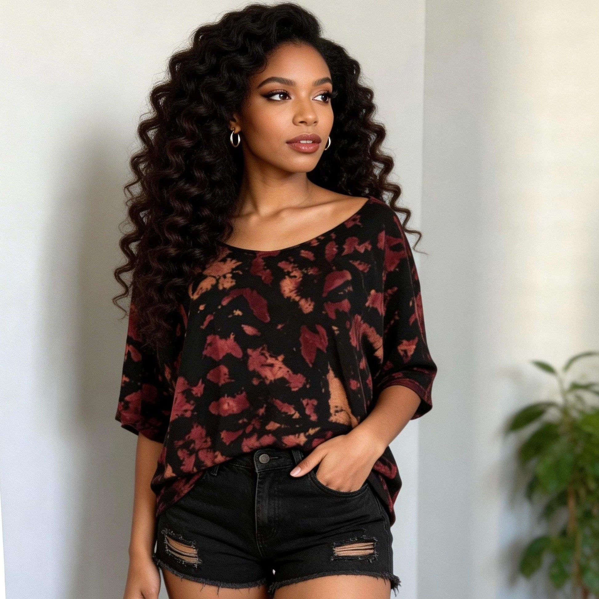Tie Dye Off Shoulder Shirt, Oversized Slouchy Tee, Dark Pink Black Hand Dyed Tie Dye Shirt, Boho Lounge Shirt, L XL 2XL Unisex Tee