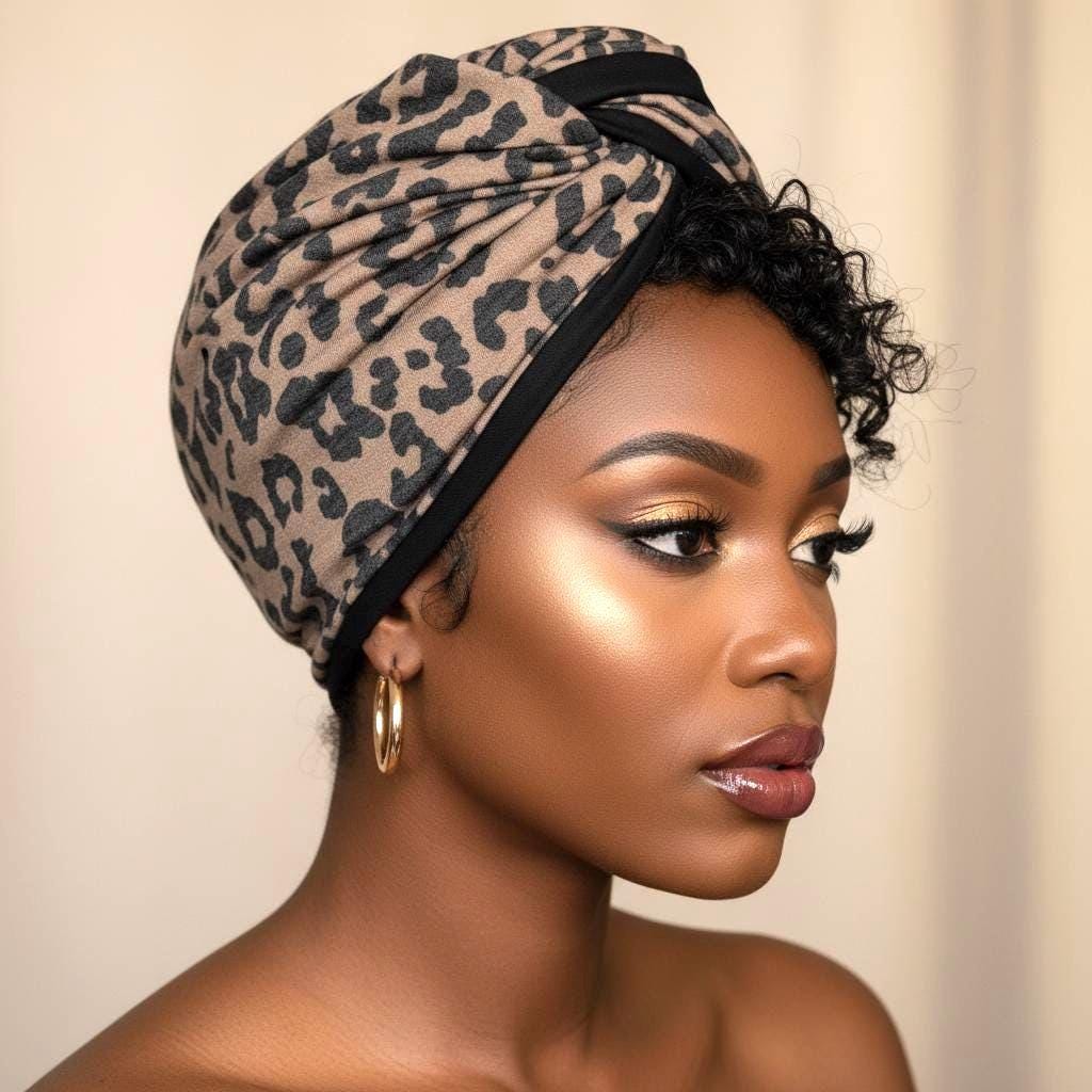 Full Turban Wire Headband, Reversible Extra Wide Brown Black Leopard Print Wired Head Wrap, Fabric Head Wrap, Afro Boho Women Accessories