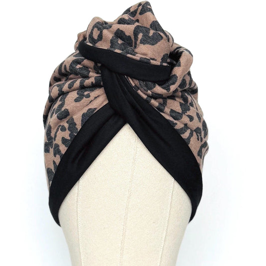 Full Turban Wire Headband, Reversible Extra Wide Brown Black Leopard Print Wired Head Wrap, Fabric Head Wrap, Afro Boho Women Accessories