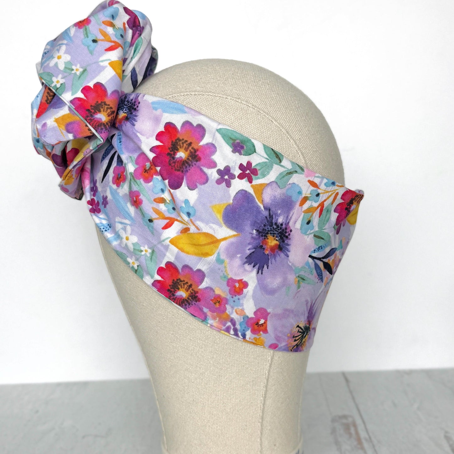 Extra Long Wide Adjustable Wire Head Wrap, White Purple Pink Floral Print, Wired Head band, Turban, Mother’s Day Gift Headband, Accessories