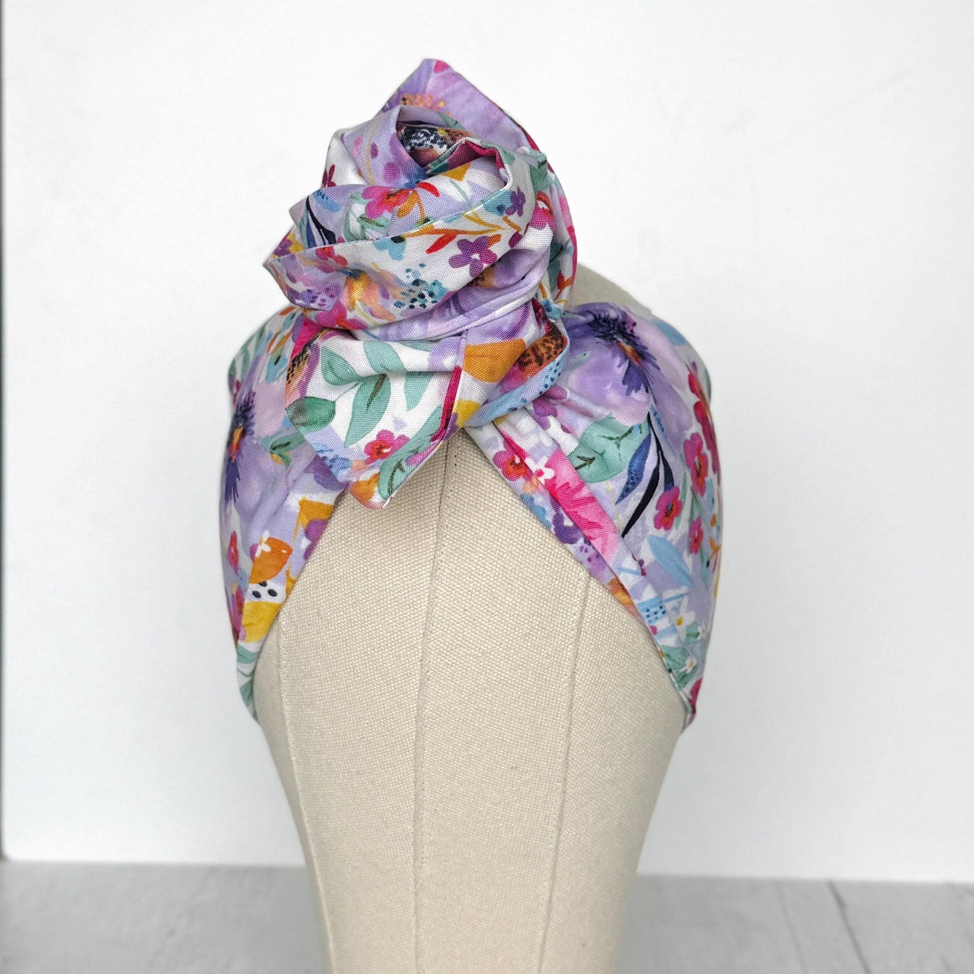 Extra Long Wide Adjustable Wire Head Wrap, White Purple Pink Floral Print, Wired Head band, Turban, Mother’s Day Gift Headband, Accessories