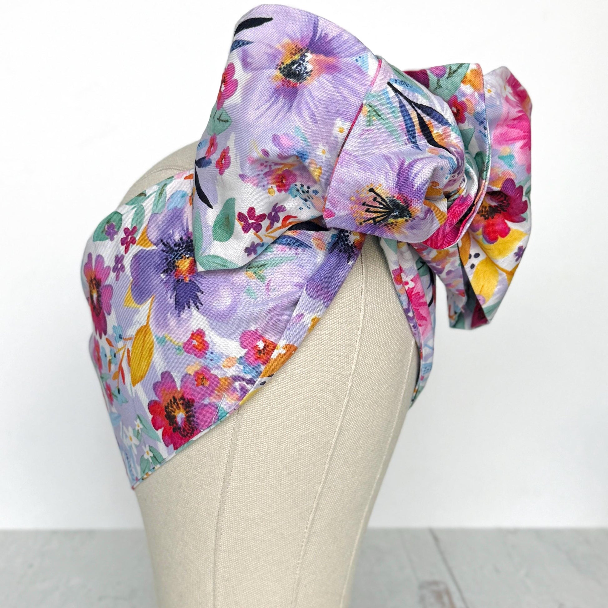 Extra Long Wide Adjustable Wire Head Wrap, White Purple Pink Floral Print, Wired Head band, Turban, Mother’s Day Gift Headband, Accessories