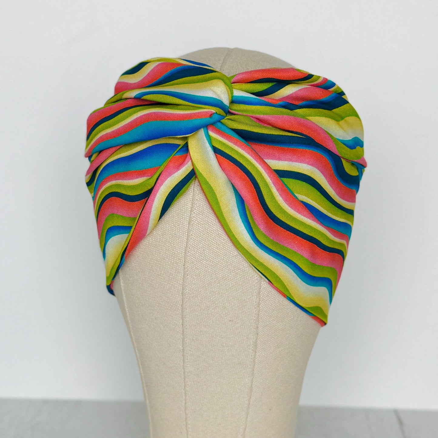Extra Wide Adjustable Wire Headband, Pink Teal Lime Green Retro Print, Boho Wired Headband, Fabric Head Wrap, Turban, Bendable Scarf