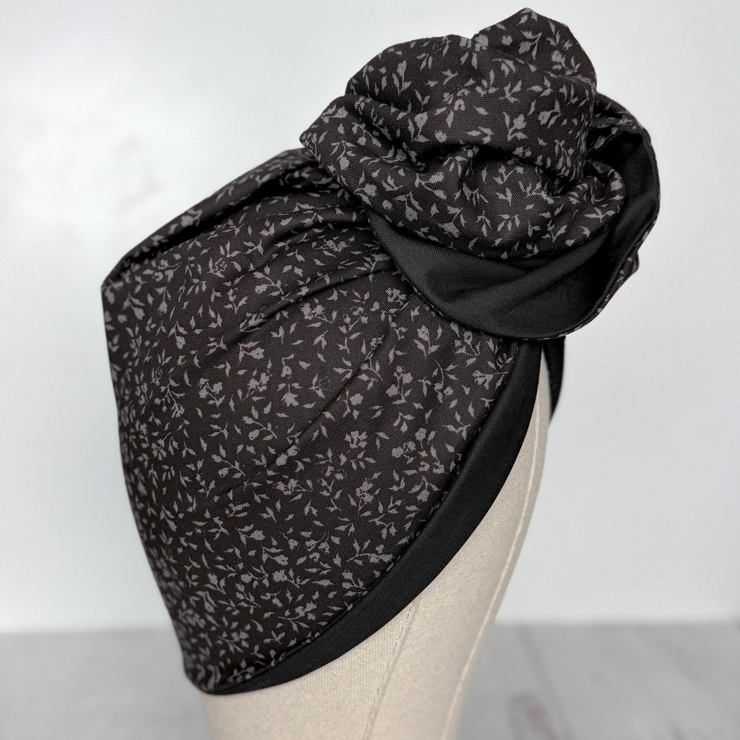 Full Turban Wire Headband, Reversible Extra Wide Black Grey Floral Print Wired Headband, Gray Fabric Head Wrap, Boho Women Accessories