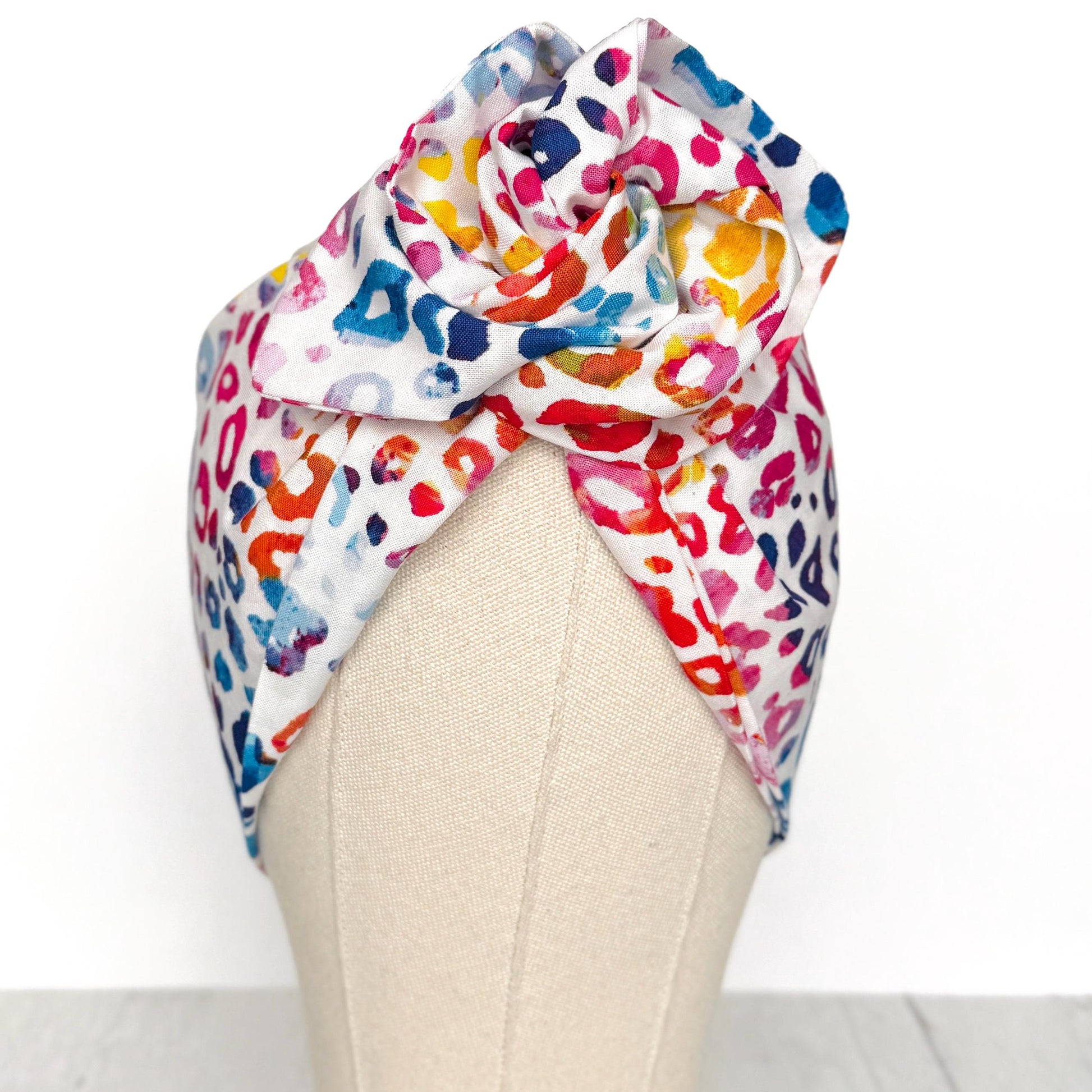 Extra Wide Adjustable Wire Headband, White Rainbow Leopard Print, Boho Wired Headband, Fabric Head Wrap, Turban, Bendable Scarf