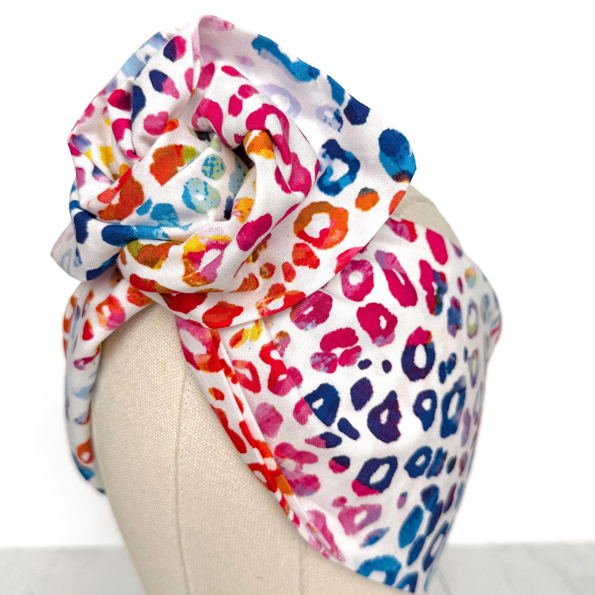 Extra Wide Adjustable Wire Headband, White Rainbow Leopard Print, Boho Wired Headband, Fabric Head Wrap, Turban, Bendable Scarf