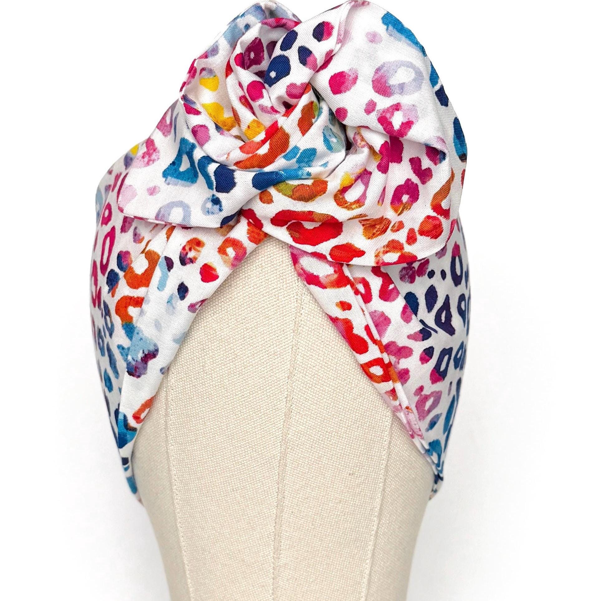 Extra Wide Adjustable Wire Headband, White Rainbow Leopard Print, Boho Wired Headband, Fabric Head Wrap, Turban, Bendable Scarf