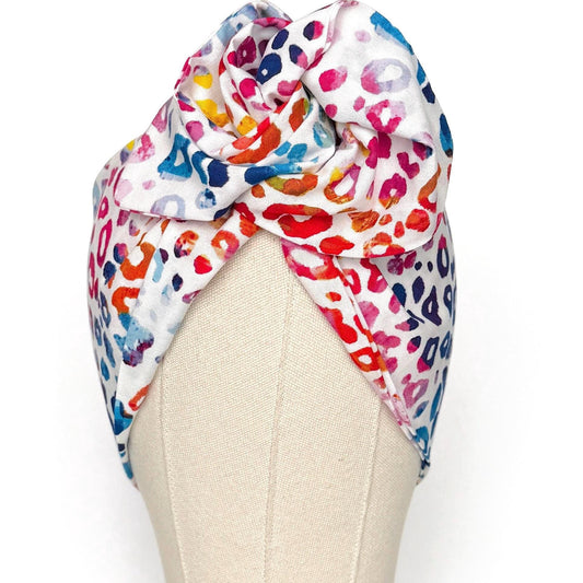 Extra Wide Adjustable Wire Headband, White Rainbow Leopard Print, Boho Wired Headband, Fabric Head Wrap, Turban, Bendable Scarf