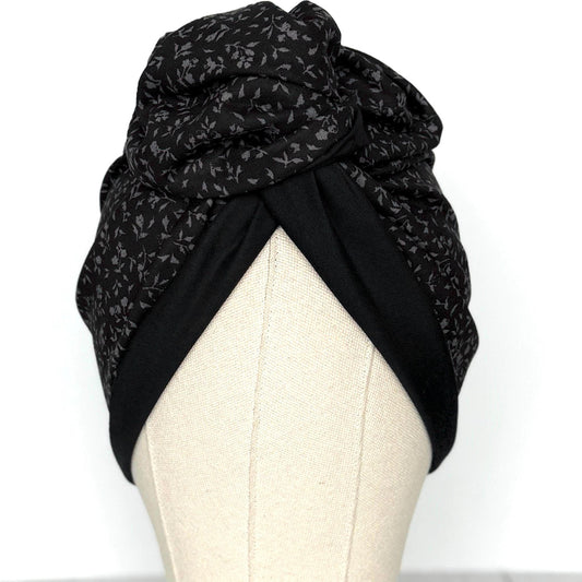 Full Turban Wire Headband, Reversible Extra Wide Black Grey Floral Print Wired Headband, Gray Fabric Head Wrap, Boho Women Accessories