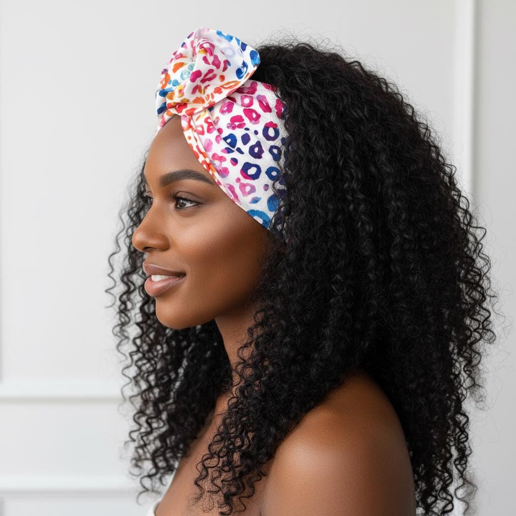 Extra Wide Adjustable Wire Headband, White Rainbow Leopard Print, Boho Wired Headband, Fabric Head Wrap, Turban, Bendable Scarf