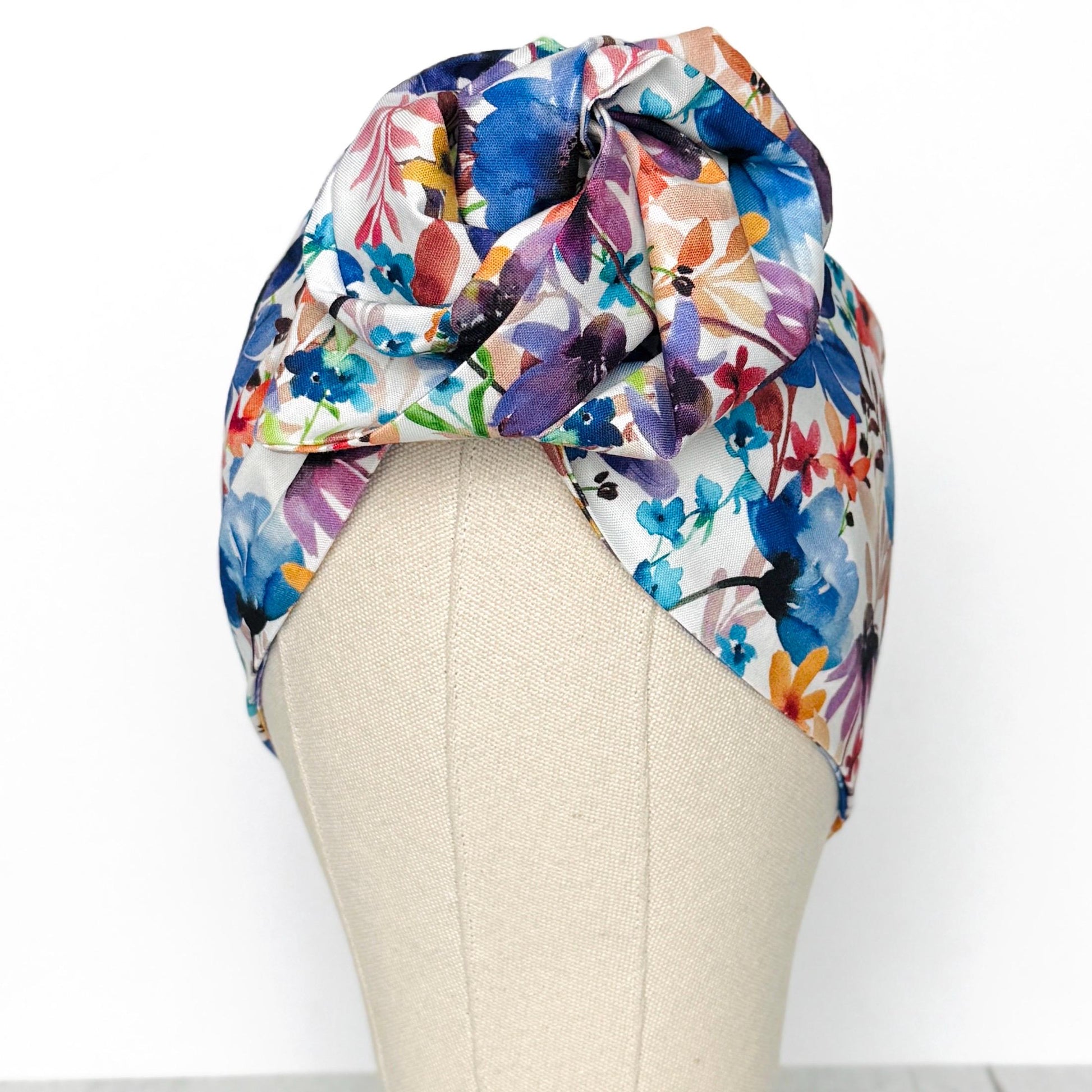 Extra Wide BENDABLE Wire Headband, White Blue Pink Floral Print, Spring Summer Wired Head Wrap, Turban Accessories, Head Scarf Bandana