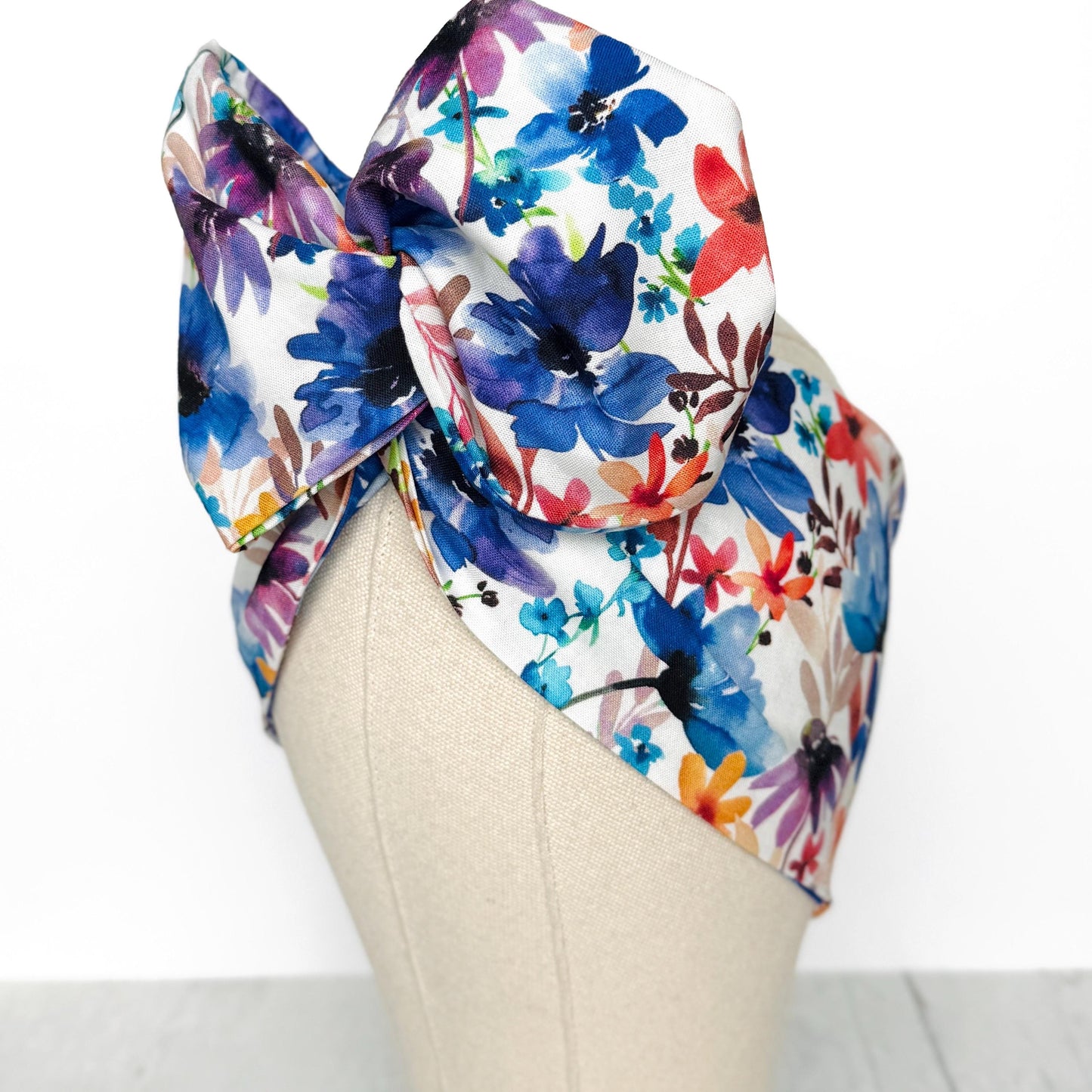 Extra Wide BENDABLE Wire Headband, White Blue Pink Floral Print, Spring Summer Wired Head Wrap, Turban Accessories, Head Scarf Bandana