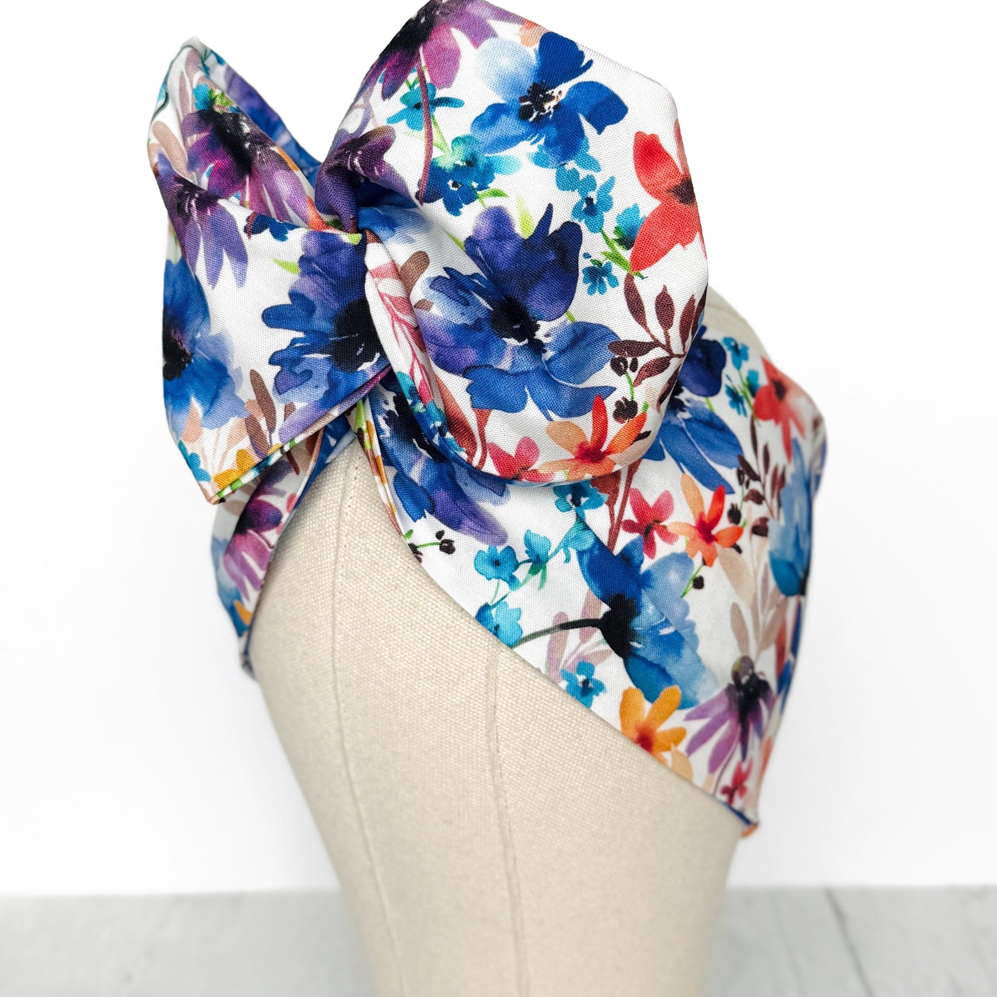 Extra Wide BENDABLE Wire Headband, White Blue Pink Floral Print, Spring Summer Wired Head Wrap, Turban Accessories, Head Scarf Bandana