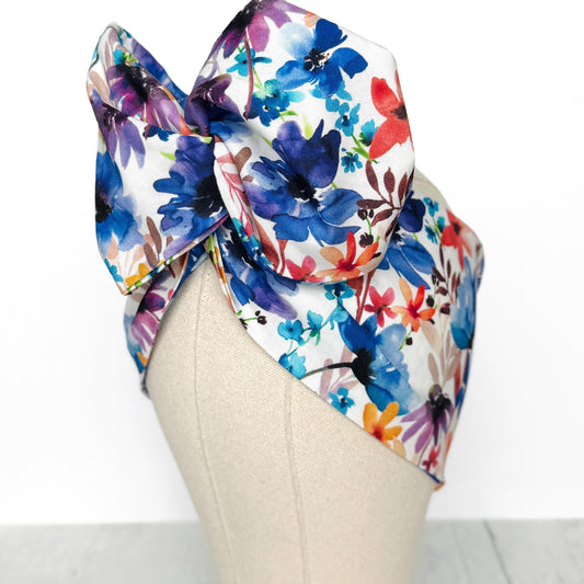 Extra Wide BENDABLE Wire Headband, White Blue Pink Floral Print, Spring Summer Wired Head Wrap, Turban Accessories, Head Scarf Bandana