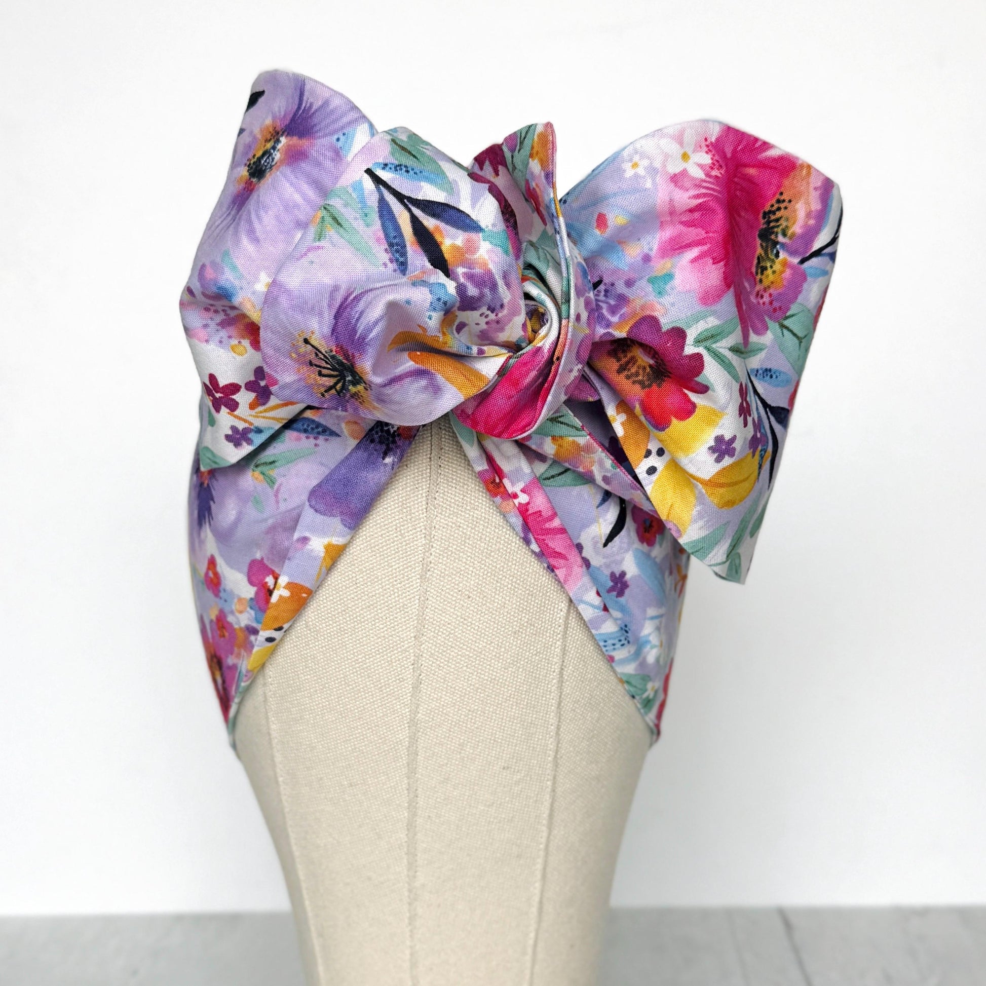 Extra Long Wide Adjustable Wire Head Wrap, White Purple Pink Floral Print, Wired Head band, Turban, Mother’s Day Gift Headband, Accessories