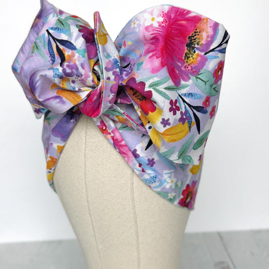 Extra Long Wide Adjustable Wire Head Wrap, White Purple Pink Floral Print, Wired Head band, Turban, Mother’s Day Gift Headband, Accessories