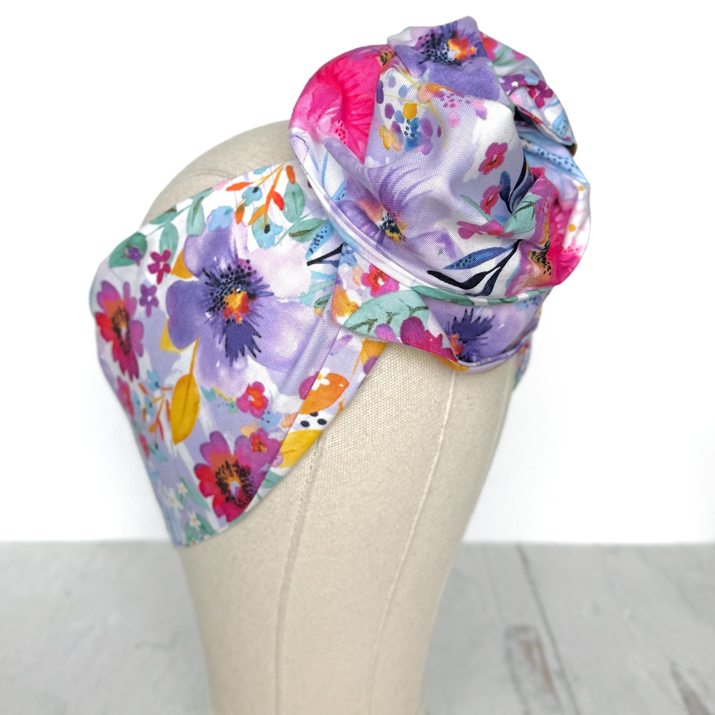 Extra Long Wide Adjustable Wire Head Wrap, White Purple Pink Floral Print, Wired Head band, Turban, Mother’s Day Gift Headband, Accessories