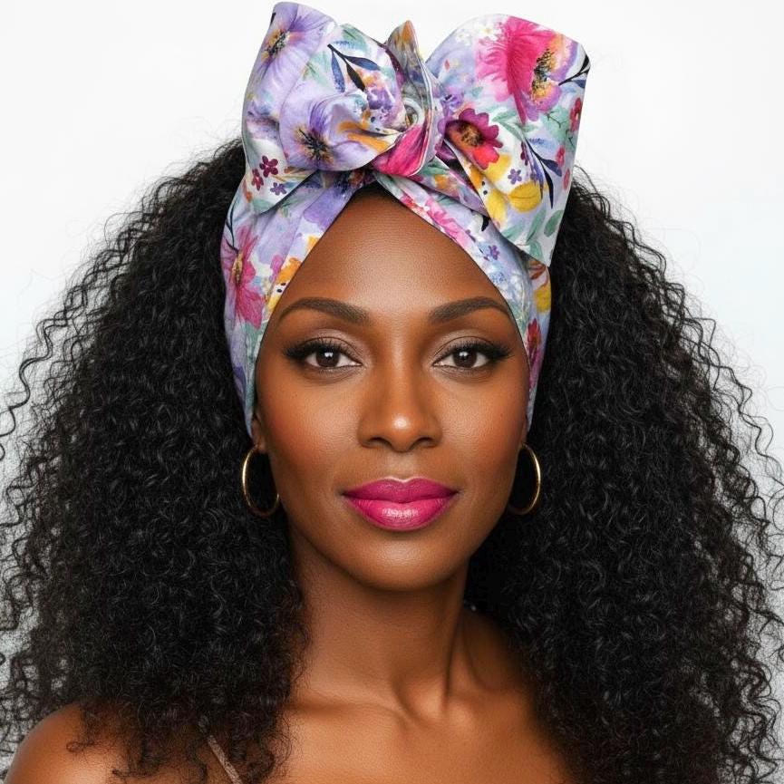 Extra Long Wide Adjustable Wire Head Wrap, White Purple Pink Floral Print, Wired Head band, Turban, Mother’s Day Gift Headband, Accessories