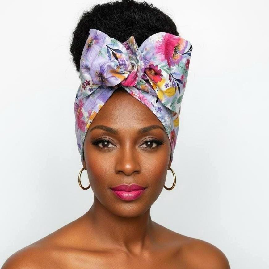 Extra Long Wide Adjustable Wire Head Wrap, White Purple Pink Floral Print, Wired Head band, Turban, Mother’s Day Gift Headband, Accessories
