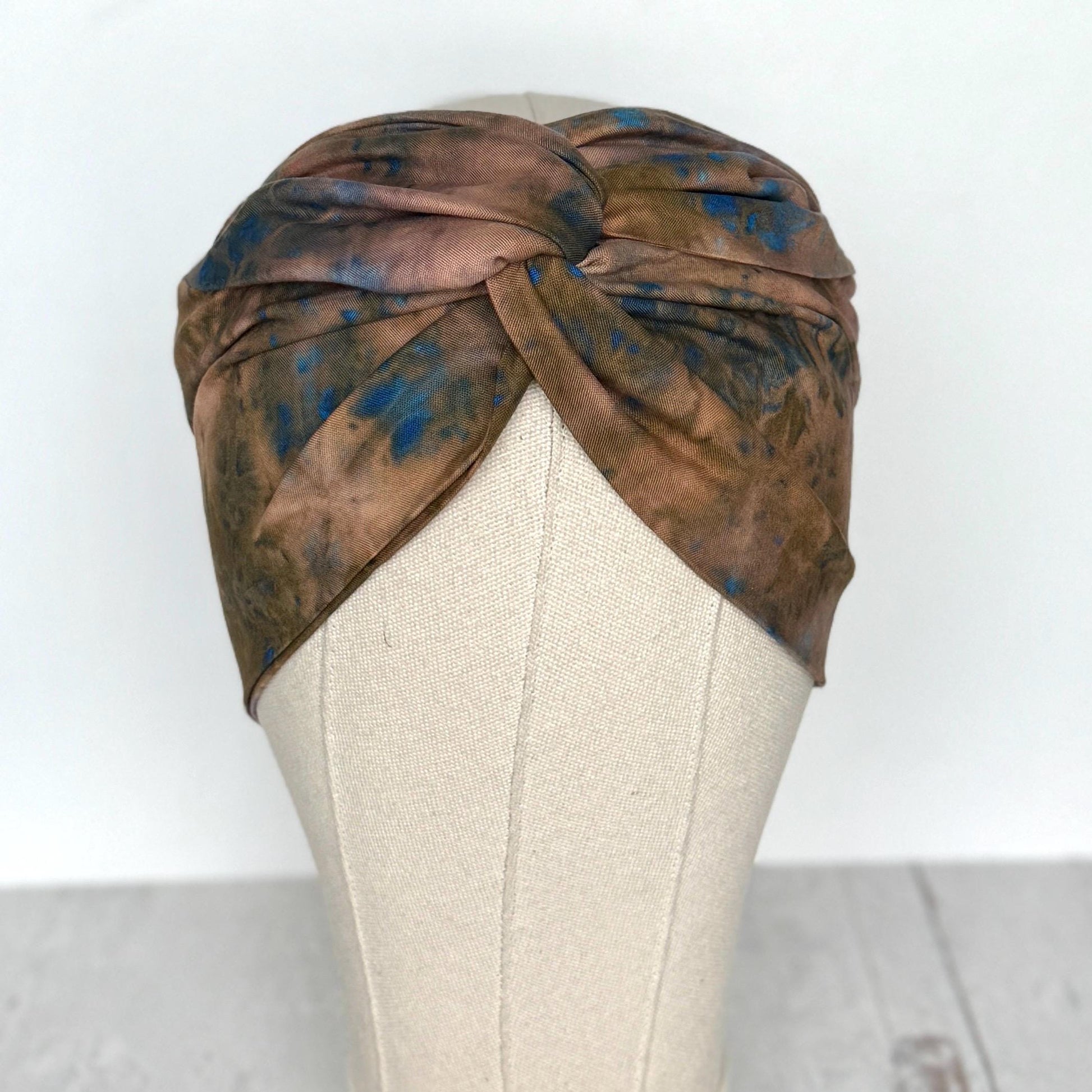 Extra Wide Adjustable Wire Headband, Hand dyed Tie Dye Brown Beige Royal Blue Wired Headband Turban, Fabric Head Wrap, Hair Scarf