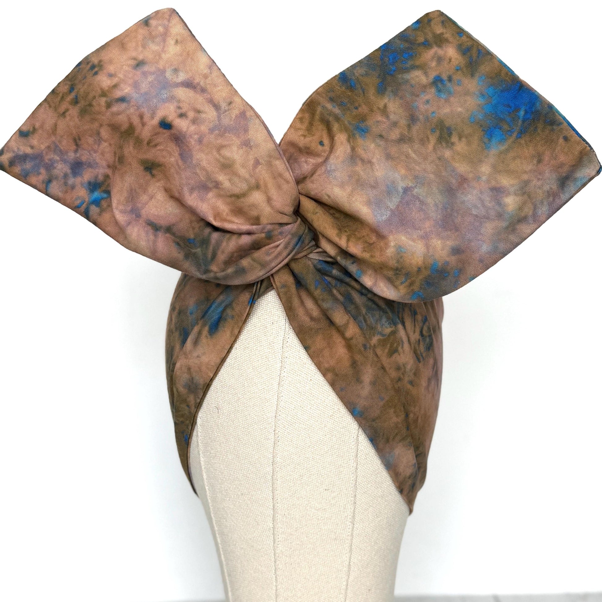 Extra Wide Adjustable Wire Headband, Hand dyed Tie Dye Brown Beige Royal Blue Wired Headband Turban, Fabric Head Wrap, Hair Scarf