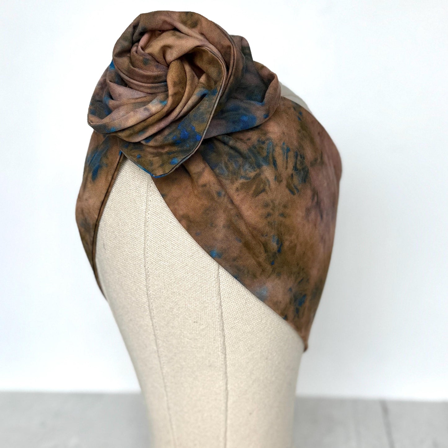 Extra Wide Adjustable Wire Headband, Hand dyed Tie Dye Brown Beige Royal Blue Wired Headband Turban, Fabric Head Wrap, Hair Scarf