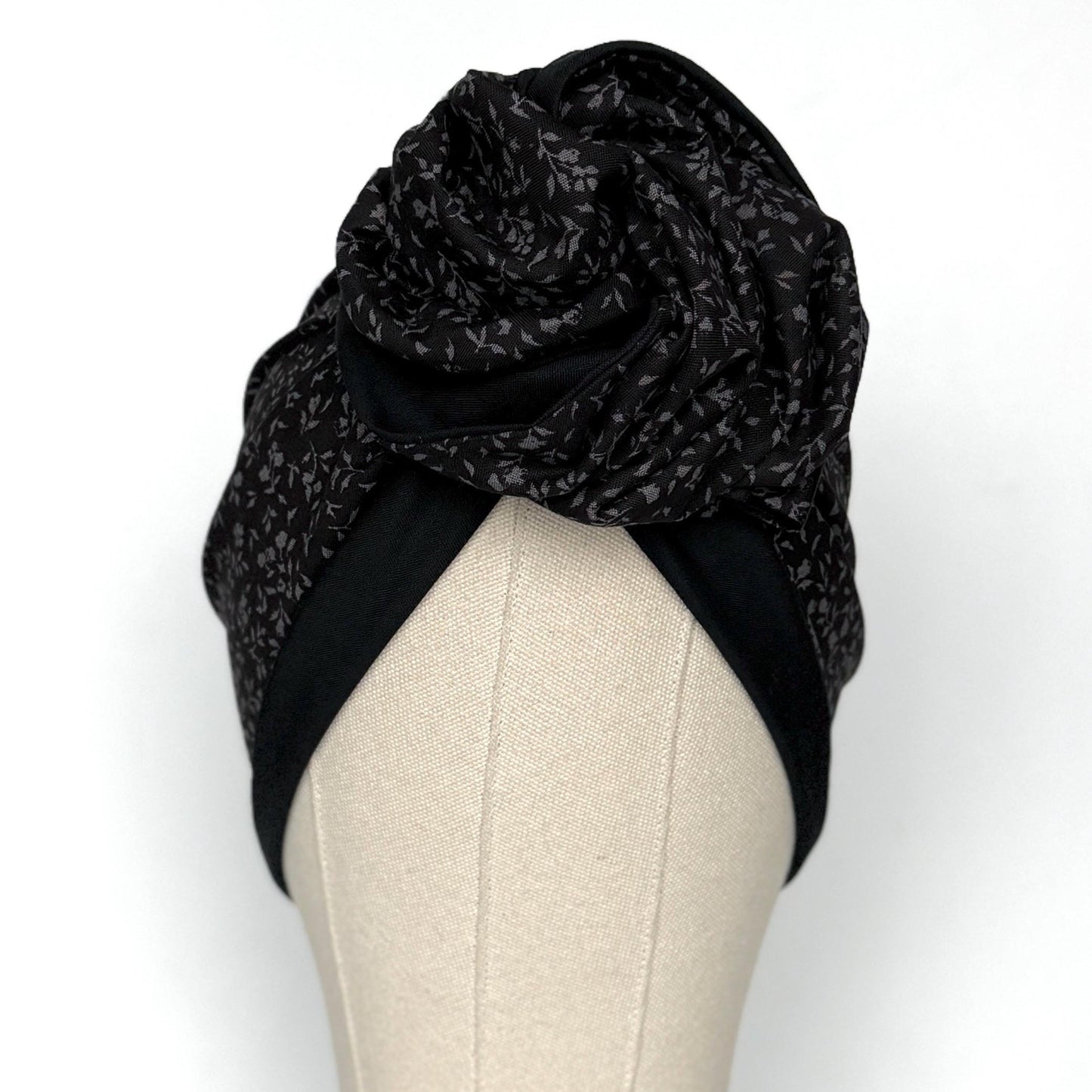 Full Turban Wire Headband, Reversible Extra Wide Black Grey Floral Print Wired Headband, Gray Fabric Head Wrap, Boho Women Accessories