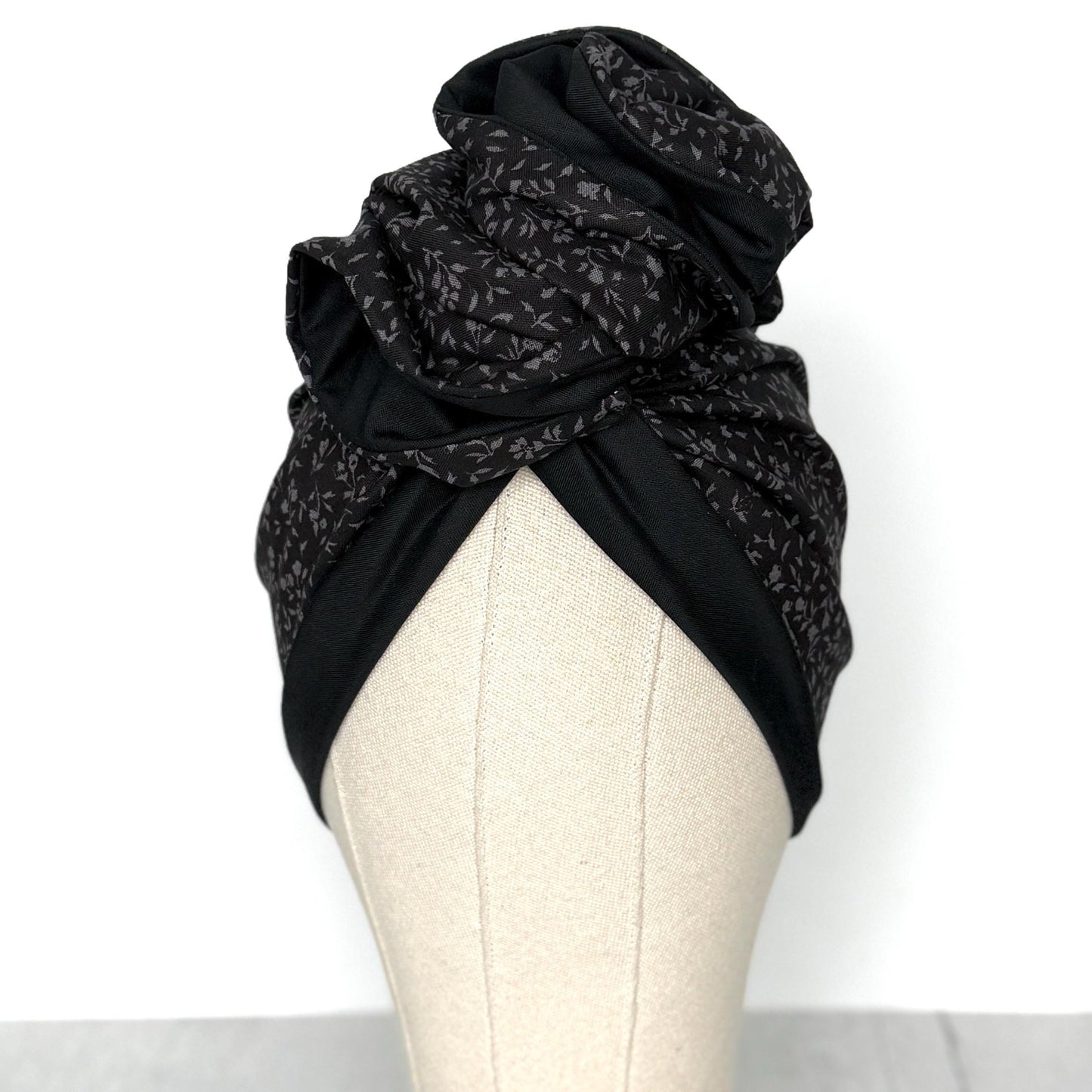 Full Turban Wire Headband, Reversible Extra Wide Black Grey Floral Print Wired Headband, Gray Fabric Head Wrap, Boho Women Accessories