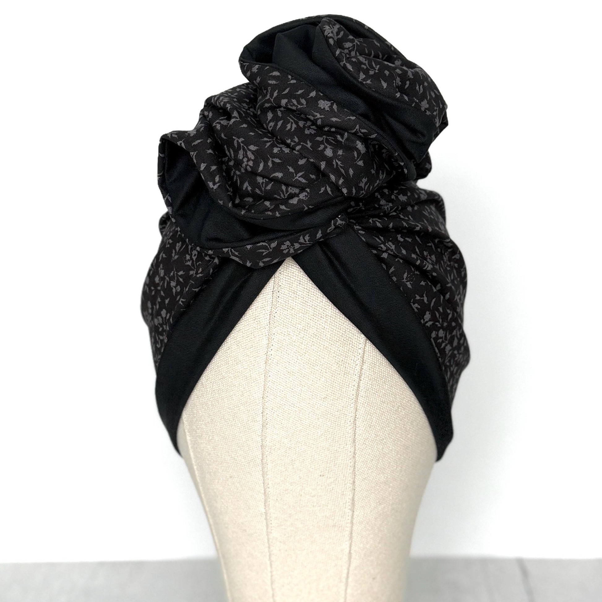 Full Turban Wire Headband, Reversible Extra Wide Black Grey Floral Print Wired Headband, Gray Fabric Head Wrap, Boho Women Accessories