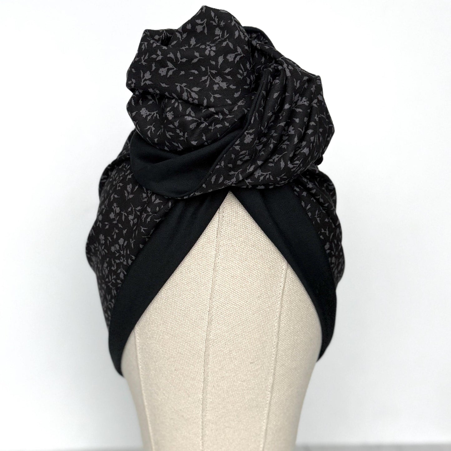 Full Turban Wire Headband, Reversible Extra Wide Black Grey Floral Print Wired Headband, Gray Fabric Head Wrap, Boho Women Accessories