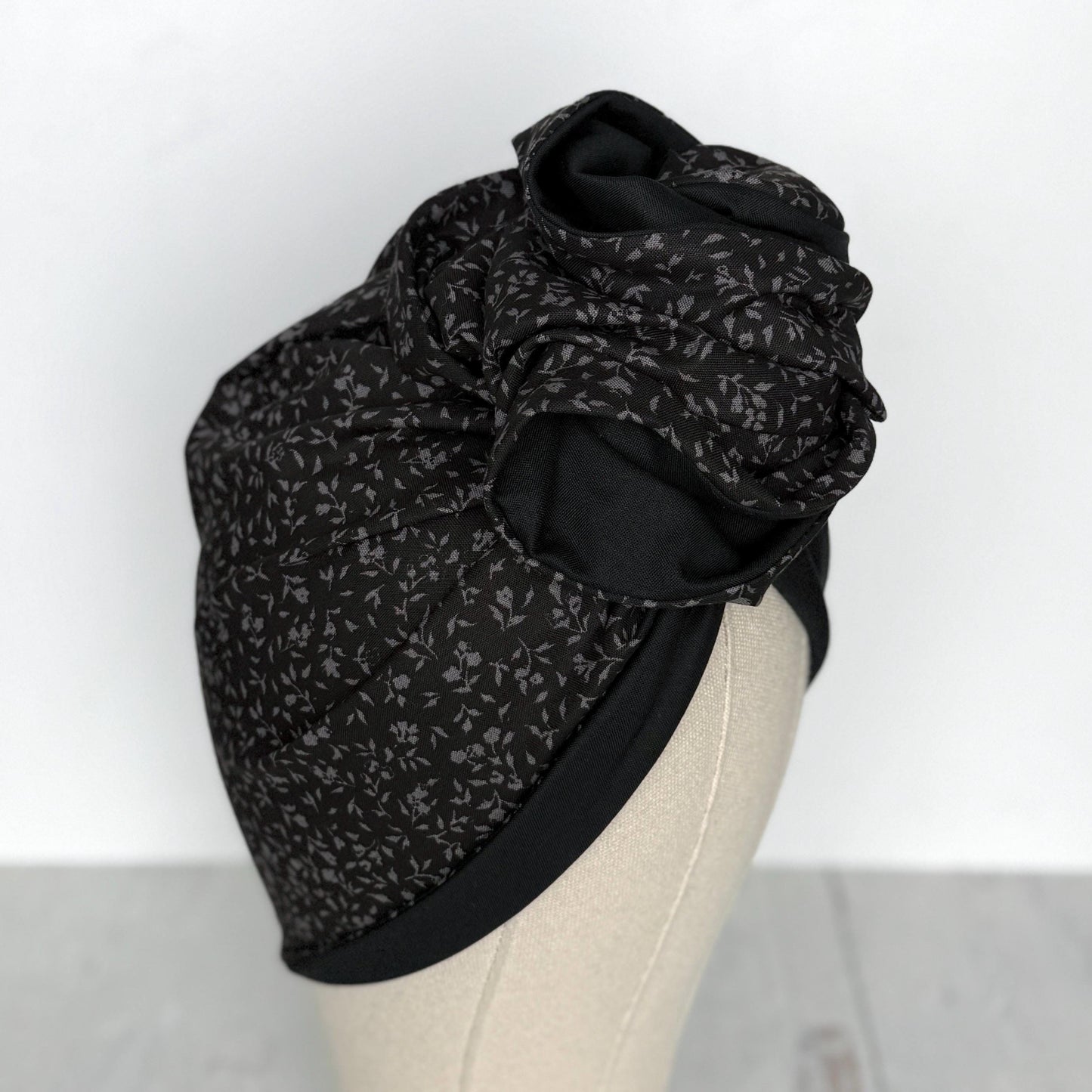 Full Turban Wire Headband, Reversible Extra Wide Black Grey Floral Print Wired Headband, Gray Fabric Head Wrap, Boho Women Accessories