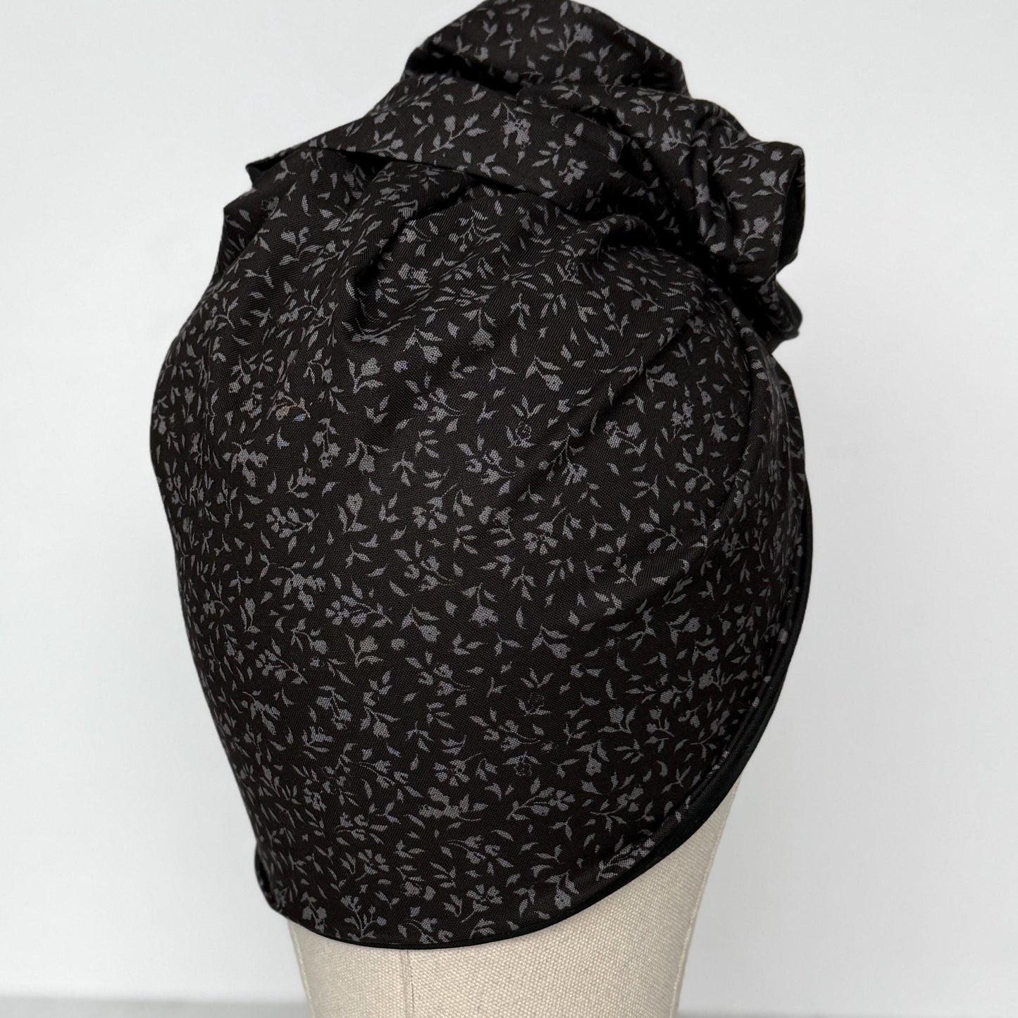 Full Turban Wire Headband, Reversible Extra Wide Black Grey Floral Print Wired Headband, Gray Fabric Head Wrap, Boho Women Accessories