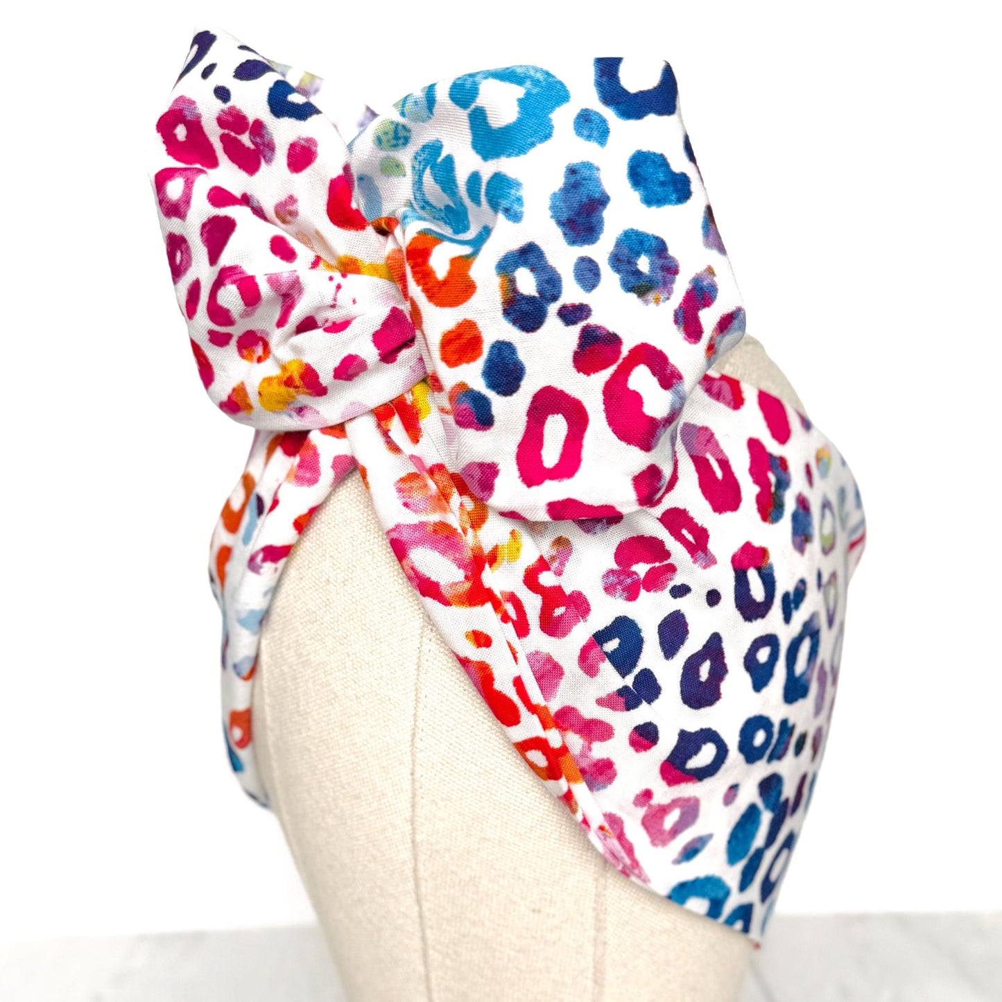 Extra Wide Adjustable Wire Headband, White Rainbow Leopard Print, Boho Wired Headband, Fabric Head Wrap, Turban, Bendable Scarf