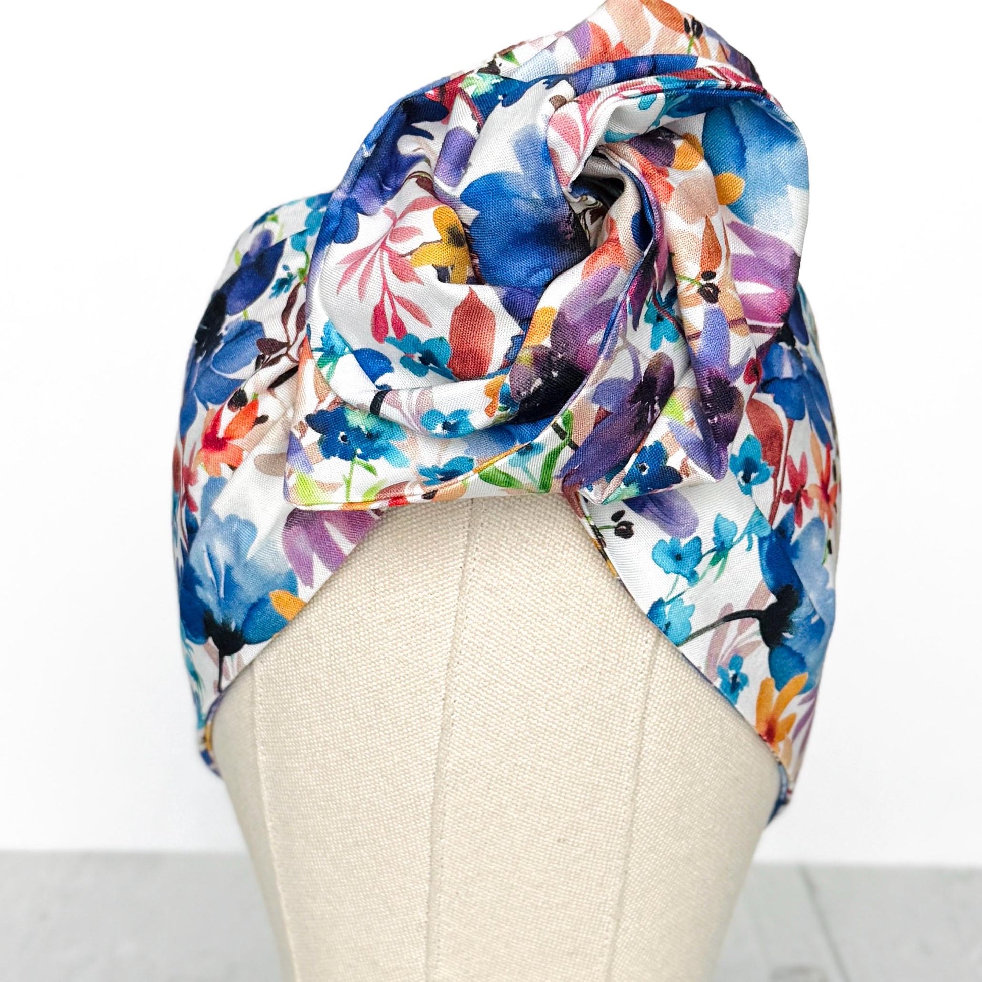 Extra Wide BENDABLE Wire Headband, White Blue Pink Floral Print, Spring Summer Wired Head Wrap, Turban Accessories, Head Scarf Bandana