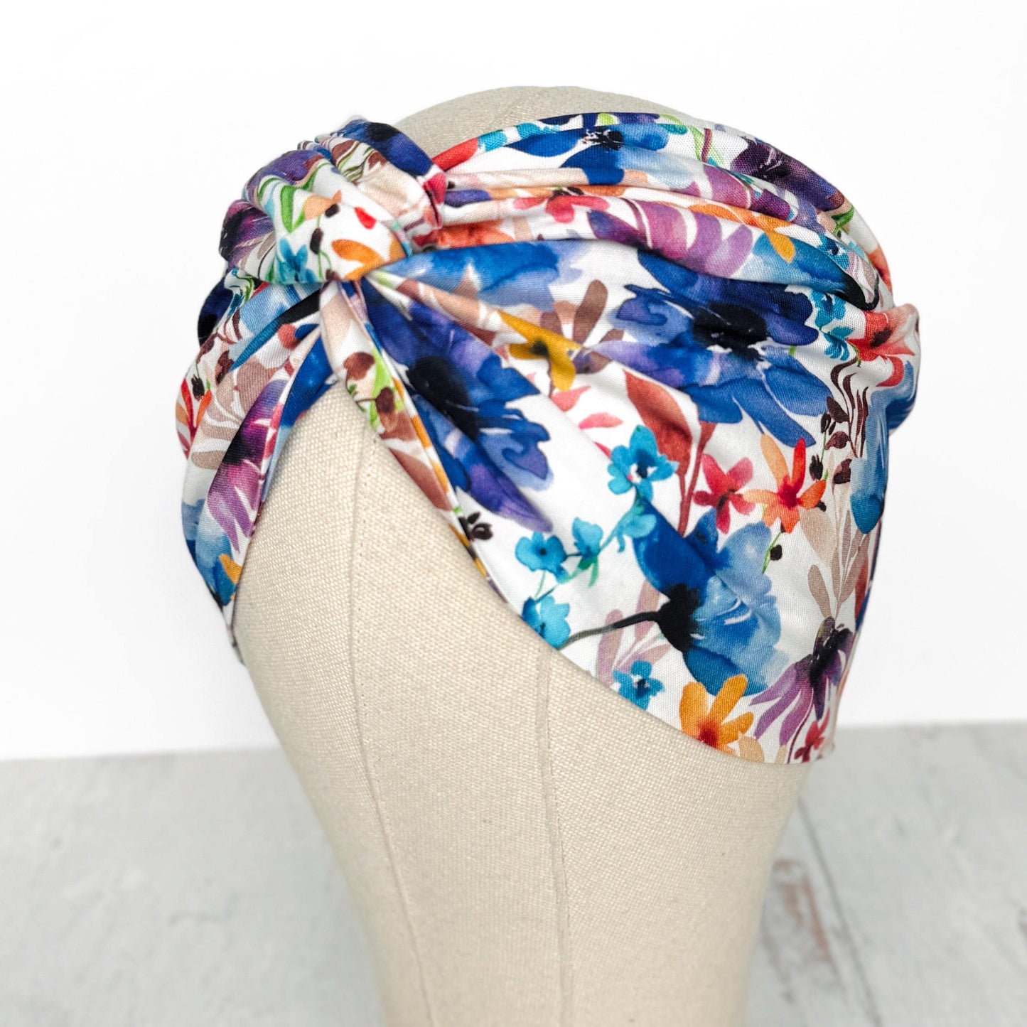 Extra Wide BENDABLE Wire Headband, White Blue Pink Floral Print, Spring Summer Wired Head Wrap, Turban Accessories, Head Scarf Bandana