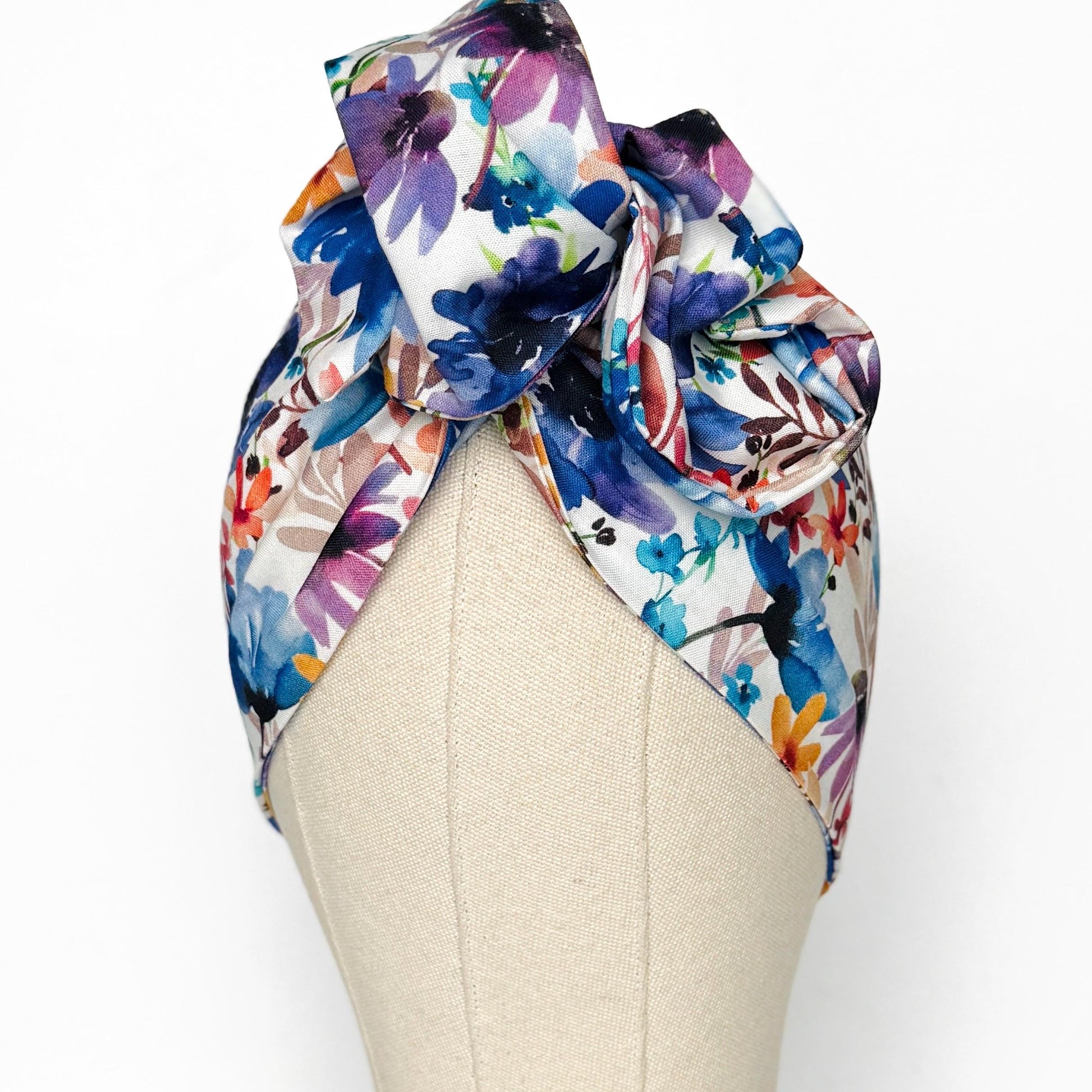 Extra Wide BENDABLE Wire Headband, White Blue Pink Floral Print, Spring Summer Wired Head Wrap, Turban Accessories, Head Scarf Bandana