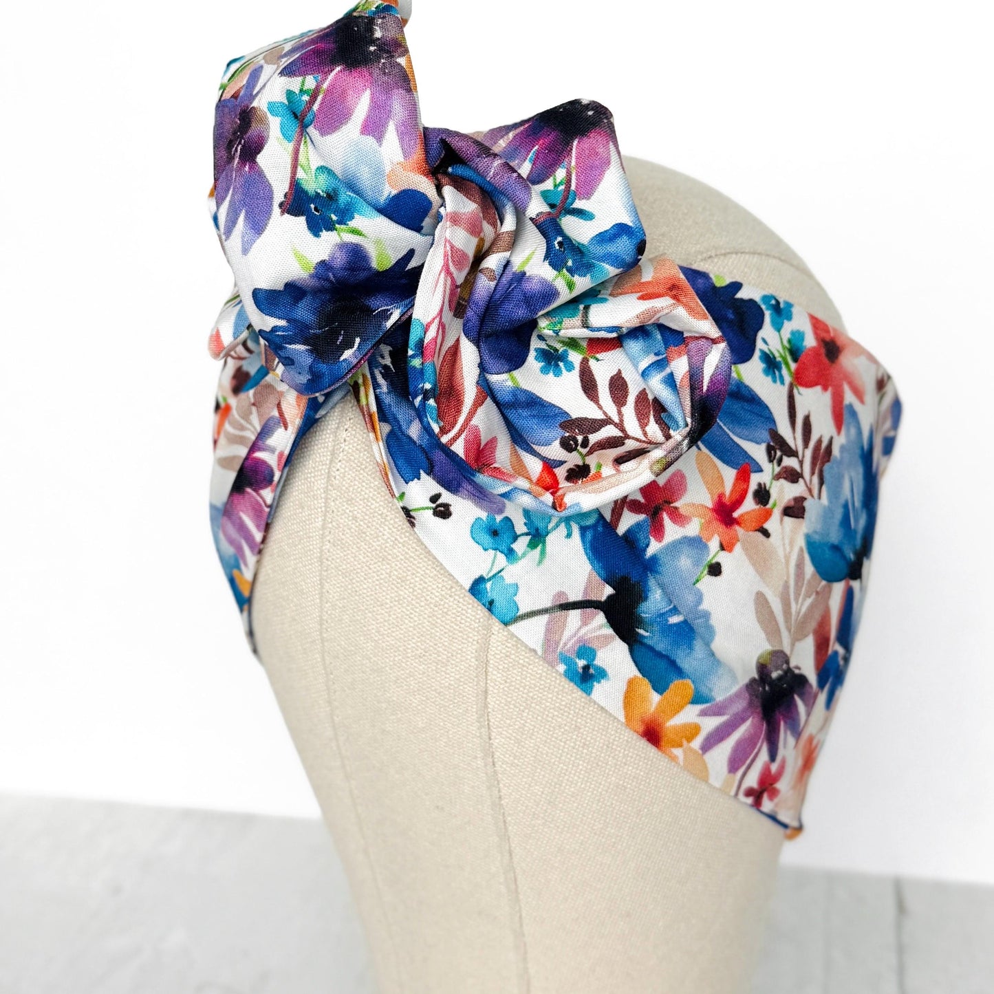 Extra Wide BENDABLE Wire Headband, White Blue Pink Floral Print, Spring Summer Wired Head Wrap, Turban Accessories, Head Scarf Bandana