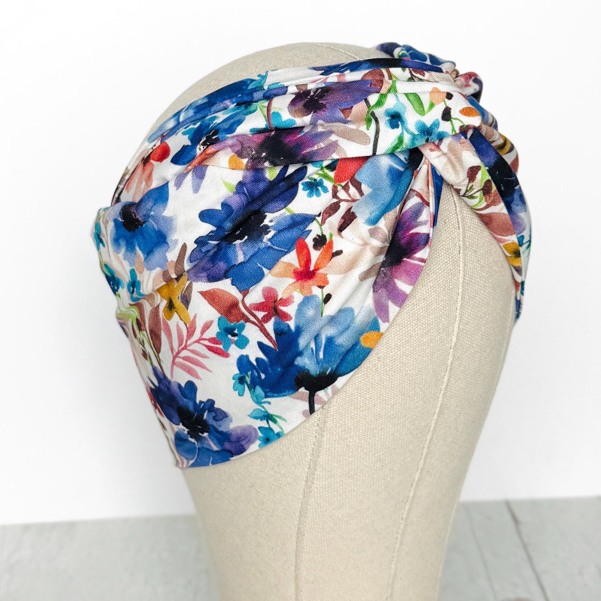 Extra Wide BENDABLE Wire Headband, White Blue Pink Floral Print, Spring Summer Wired Head Wrap, Turban Accessories, Head Scarf Bandana