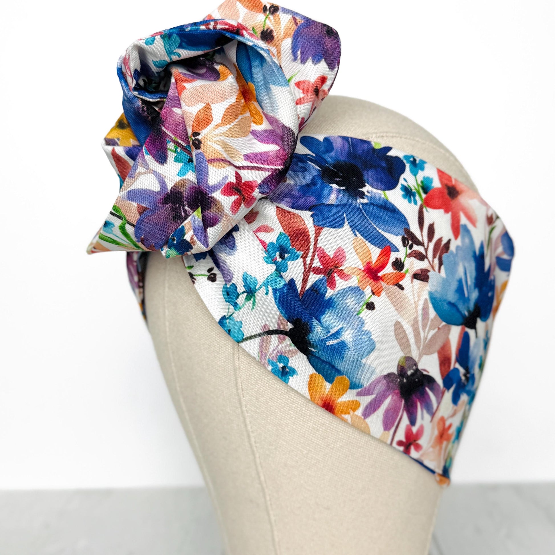 Extra Wide BENDABLE Wire Headband, White Blue Pink Floral Print, Spring Summer Wired Head Wrap, Turban Accessories, Head Scarf Bandana