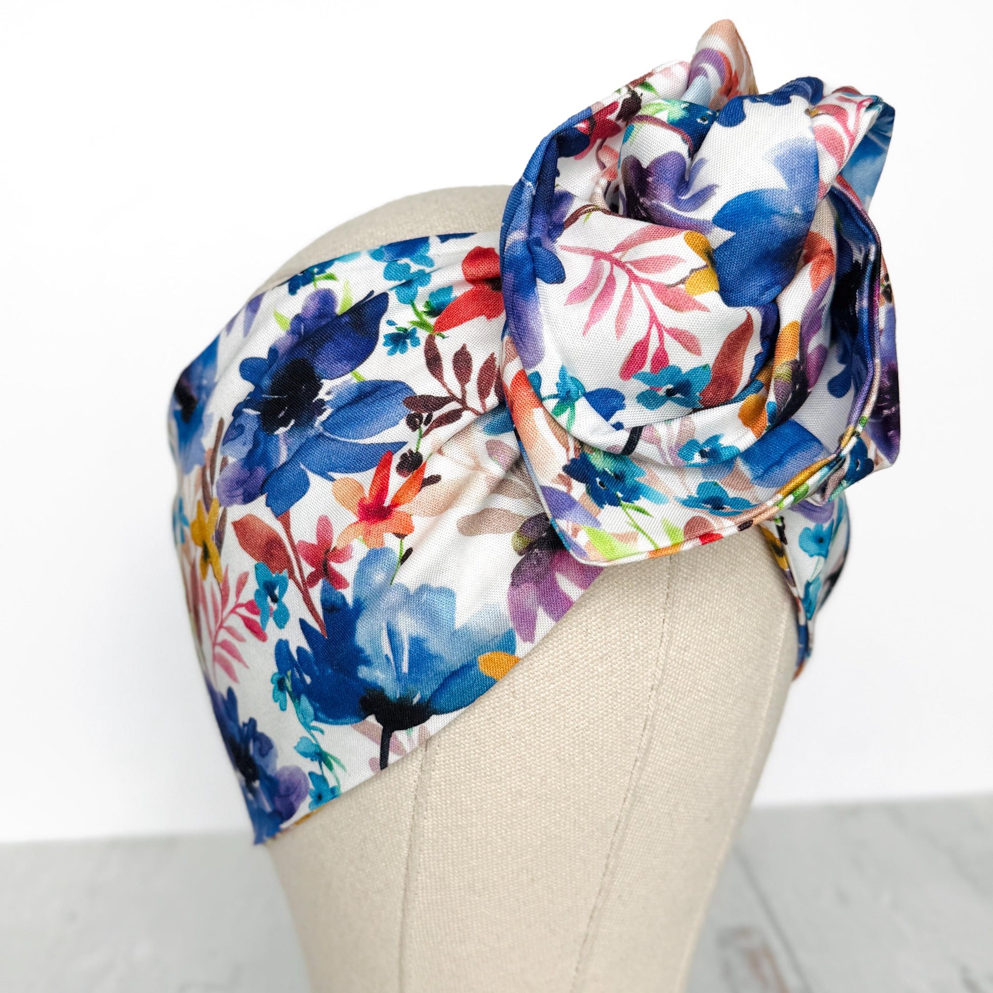 Extra Wide BENDABLE Wire Headband, White Blue Pink Floral Print, Spring Summer Wired Head Wrap, Turban Accessories, Head Scarf Bandana