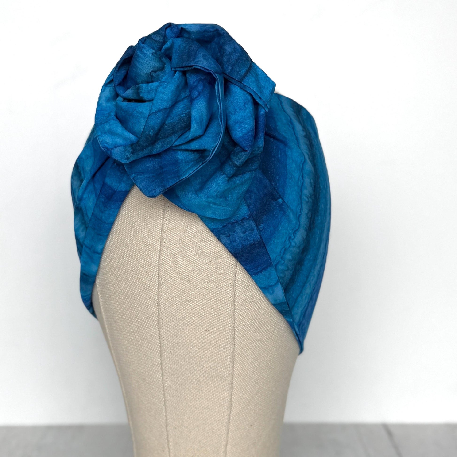 Extra Wide Adjustable Wire Headband, Batik Cobalt Blue Wired Headband, Fabric Turban Head Wrap, No Slip Hair Accessories Scarf