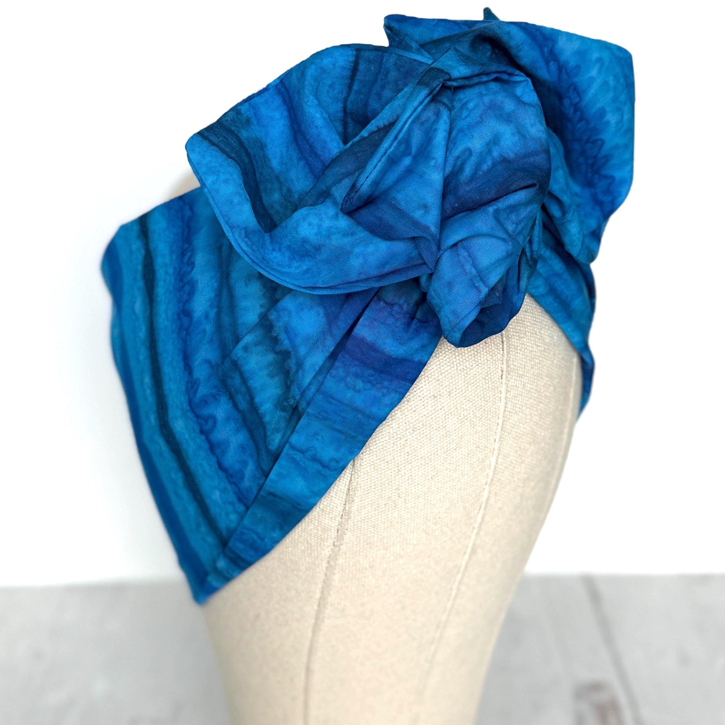 Extra Wide Adjustable Wire Headband, Batik Cobalt Blue Wired Headband, Fabric Turban Head Wrap, No Slip Hair Accessories Scarf
