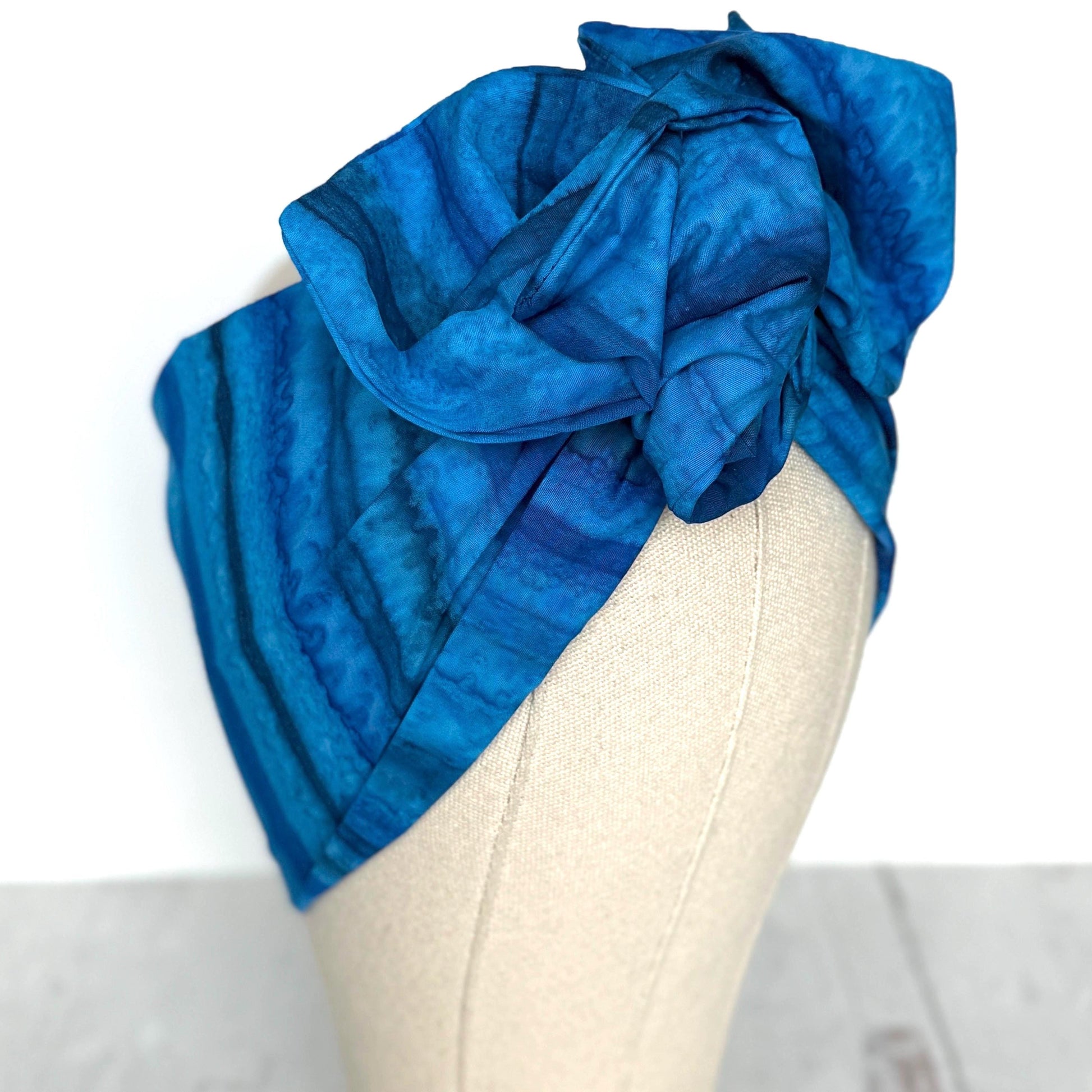 Extra Wide Adjustable Wire Headband, Batik Cobalt Blue Wired Headband, Fabric Turban Head Wrap, No Slip Hair Accessories Scarf