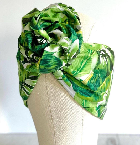 Extra Long & Wide ADJUSTABLE WIRE head Wrap, Green Tropical Leaves Print, Vacation Wired Head band, Turban, Women Headband, Boho Hair Wrap
